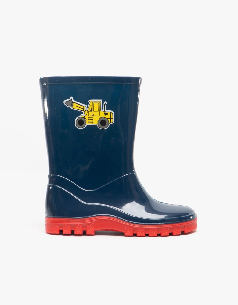 Stormwells PUDDLE Boys Digger Wellington Boots Navy Blue/Red