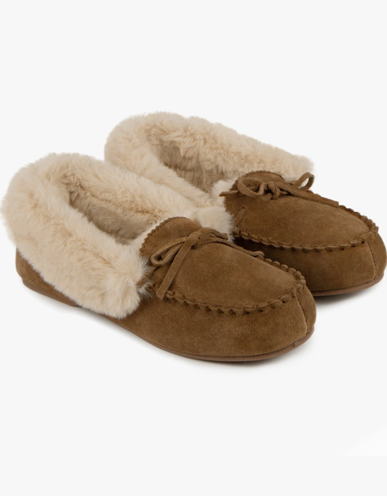 Isotoner GENUINE SUEDE MOCCASIN WITH FAUX FUR LINING Womens Tan