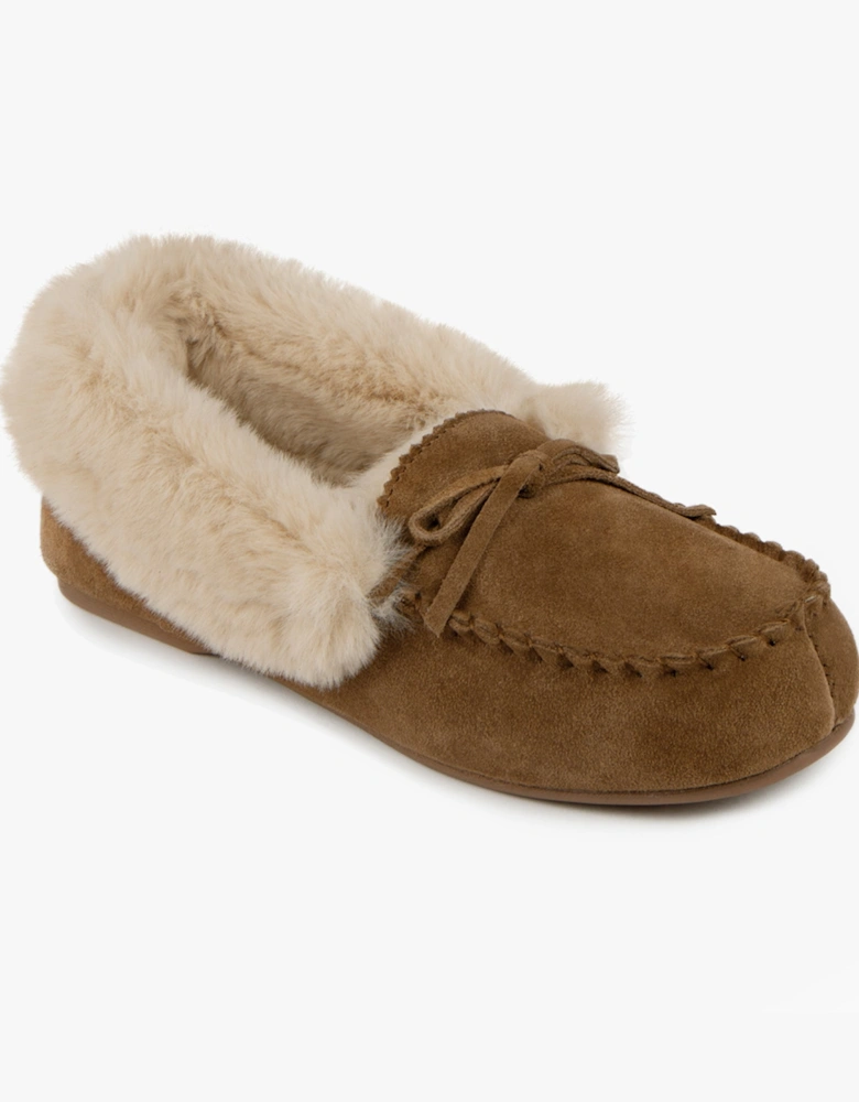 Isotoner GENUINE SUEDE MOCCASIN WITH FAUX FUR LINING Womens Tan