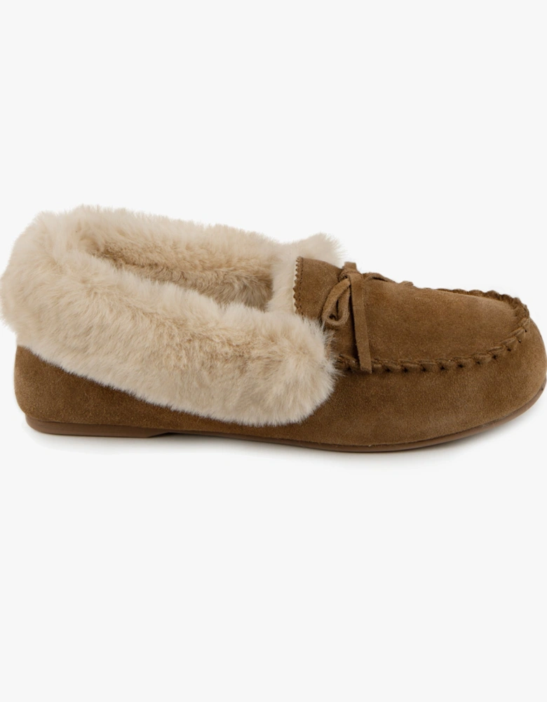 Isotoner GENUINE SUEDE MOCCASIN WITH FAUX FUR LINING Womens Tan