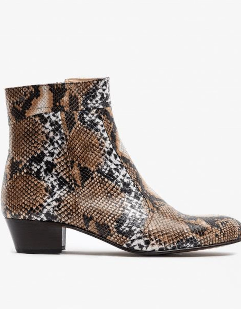 EMMANUEL Mens Snakeprint Leather Cuban Heel Boots Hielo