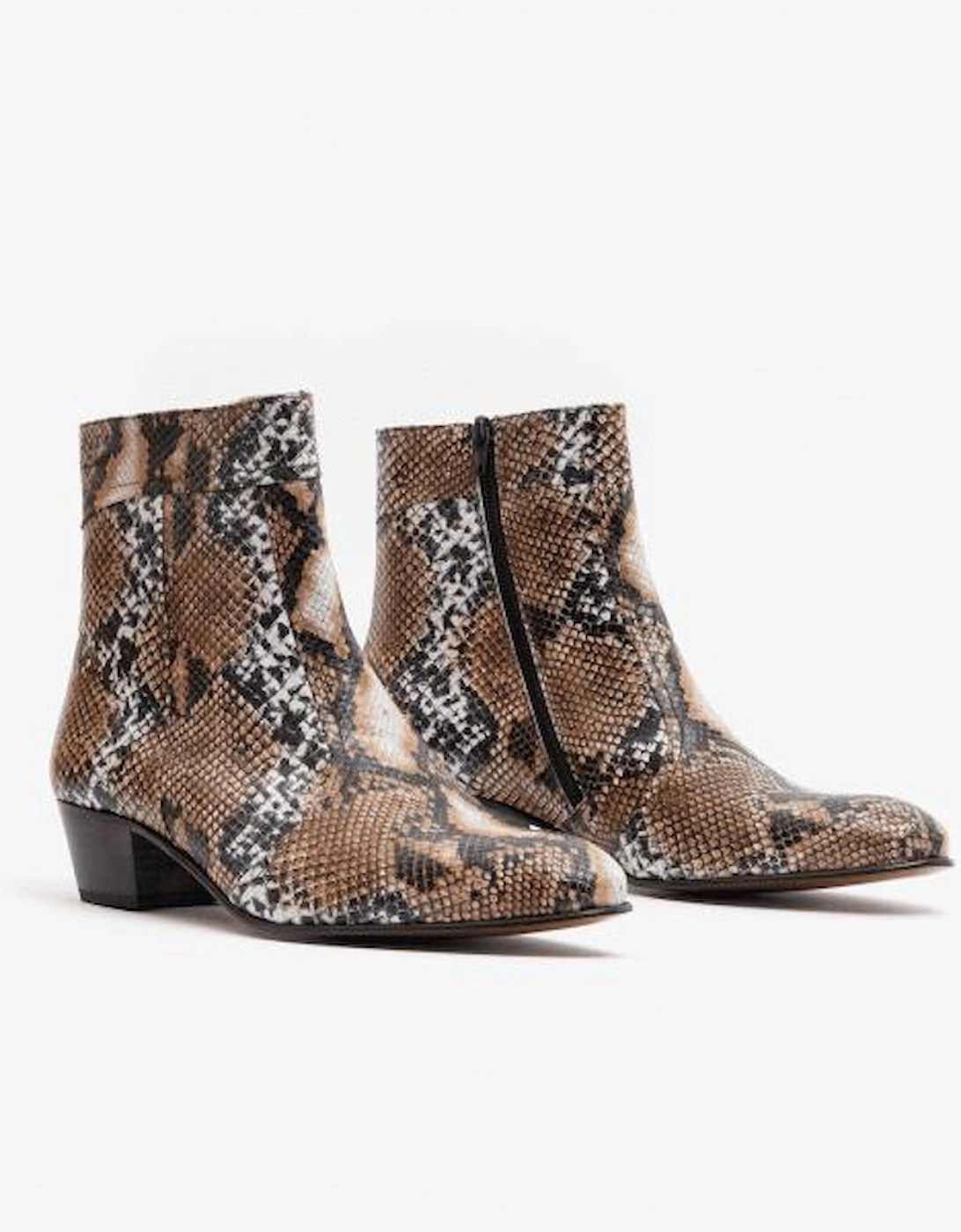 EMMANUEL Mens Snakeprint Leather Cuban Heel Boots Hielo