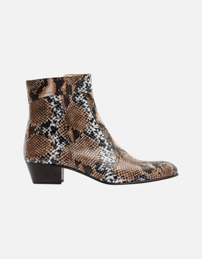 EMMANUEL Mens Snakeprint Leather Cuban Heel Boots Hielo