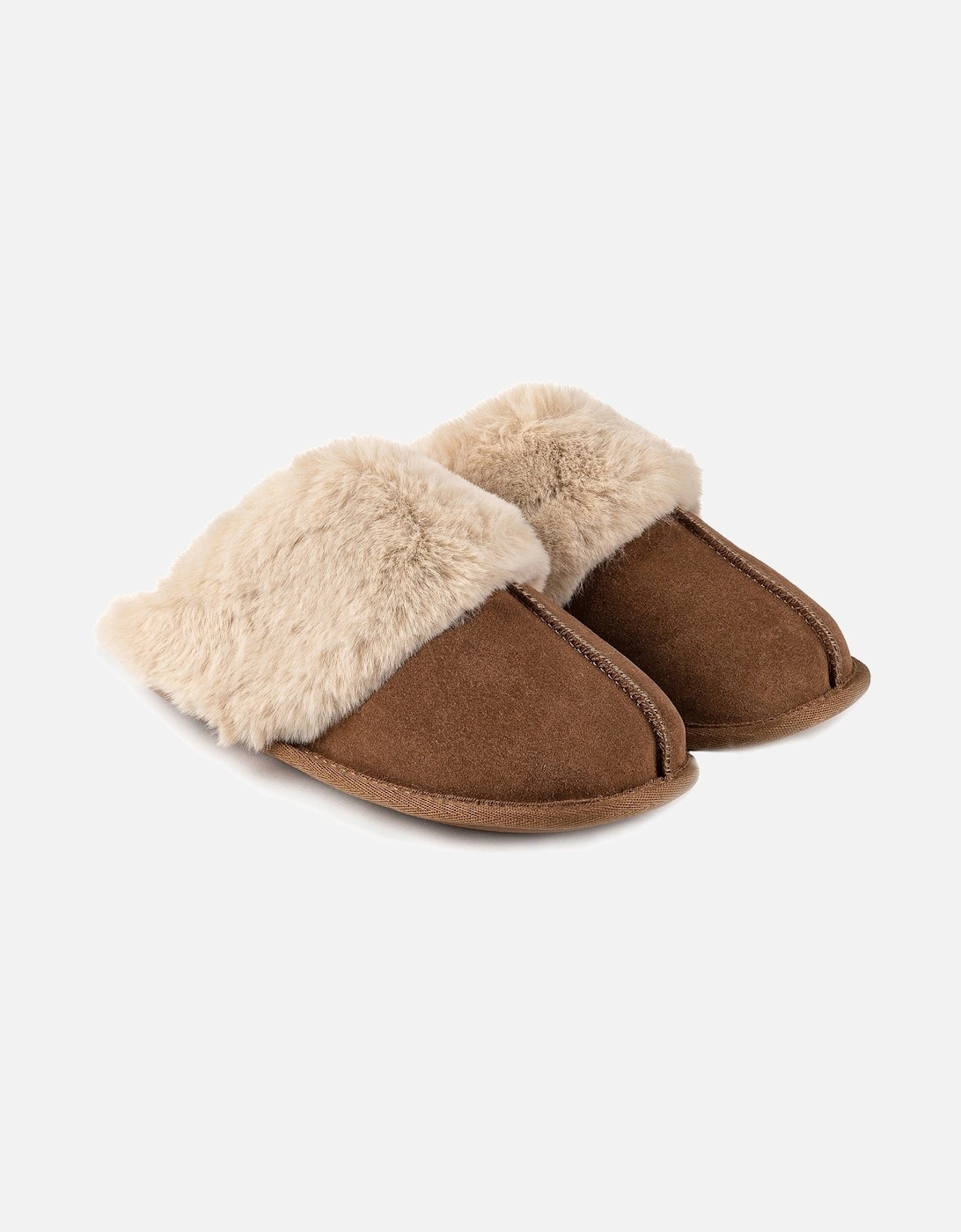 Isotoner REAL SUEDE WITH FUR CUFF Womens Mule Slippers Tan