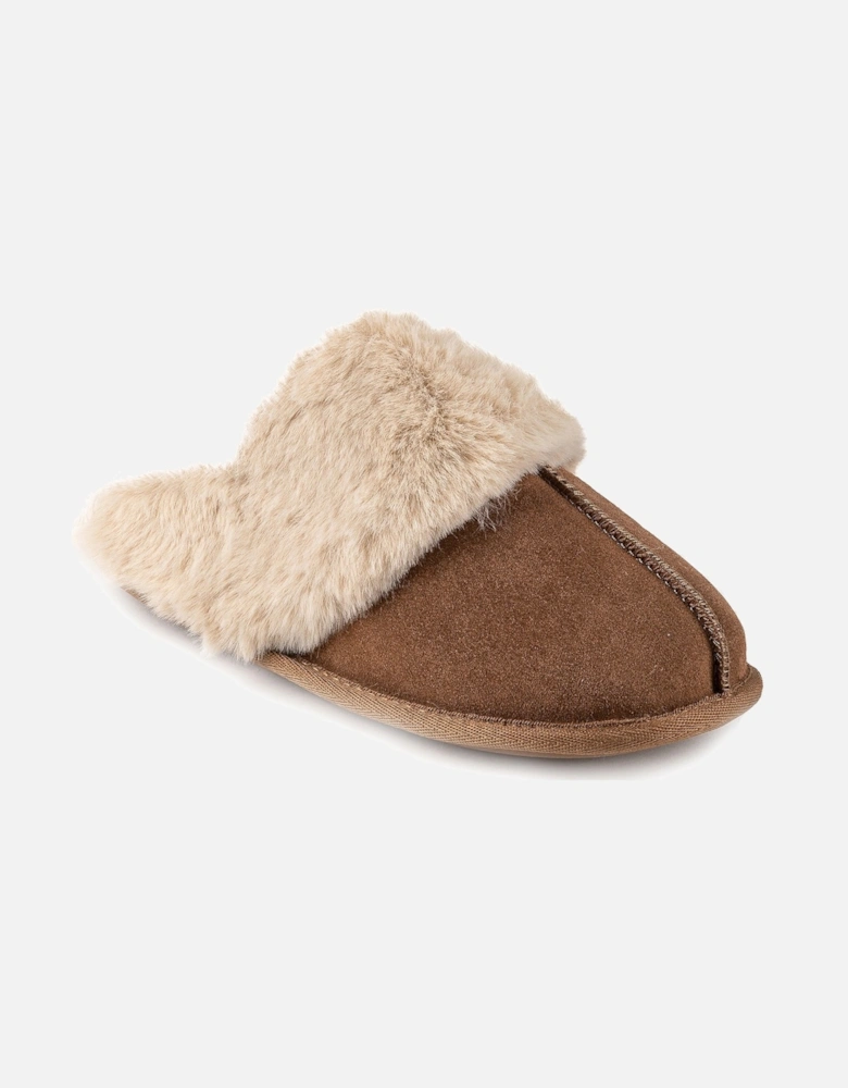 Isotoner REAL SUEDE WITH FUR CUFF Womens Mule Slippers Tan