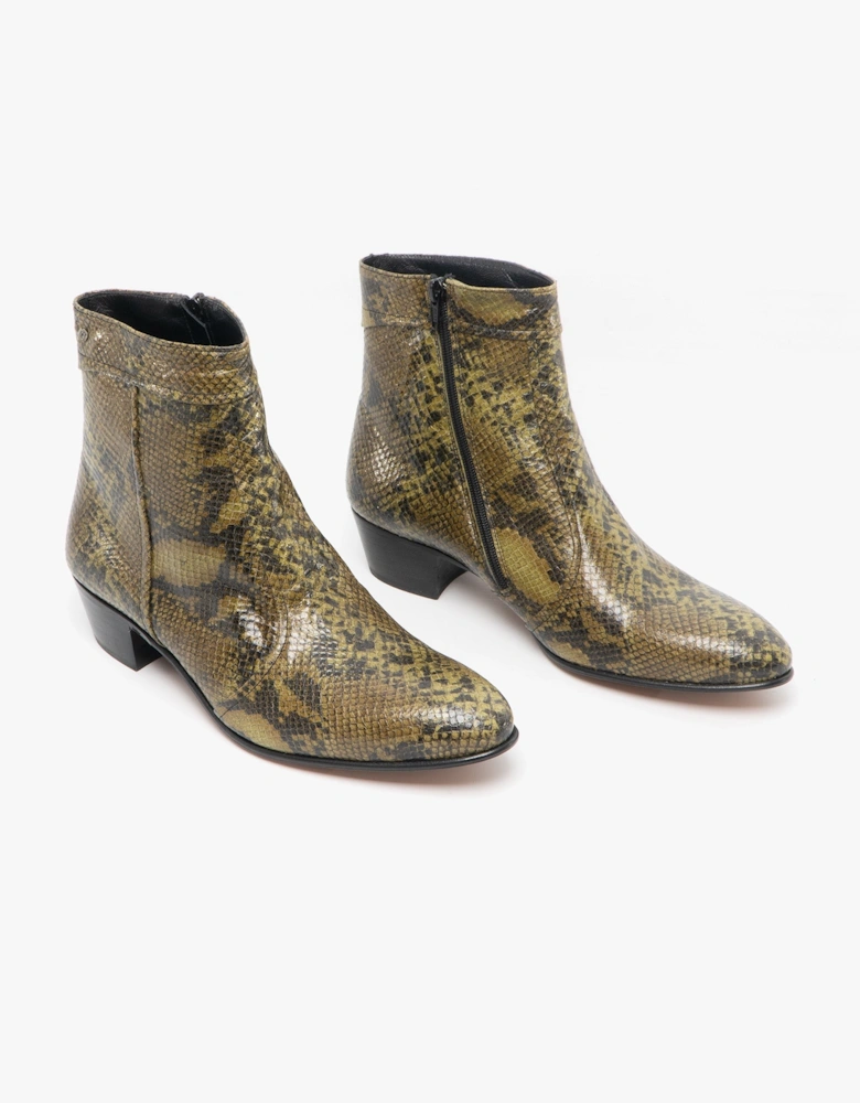 EMMANUEL Mens Snakeprint Leather Cuban Heel Boots Musgo