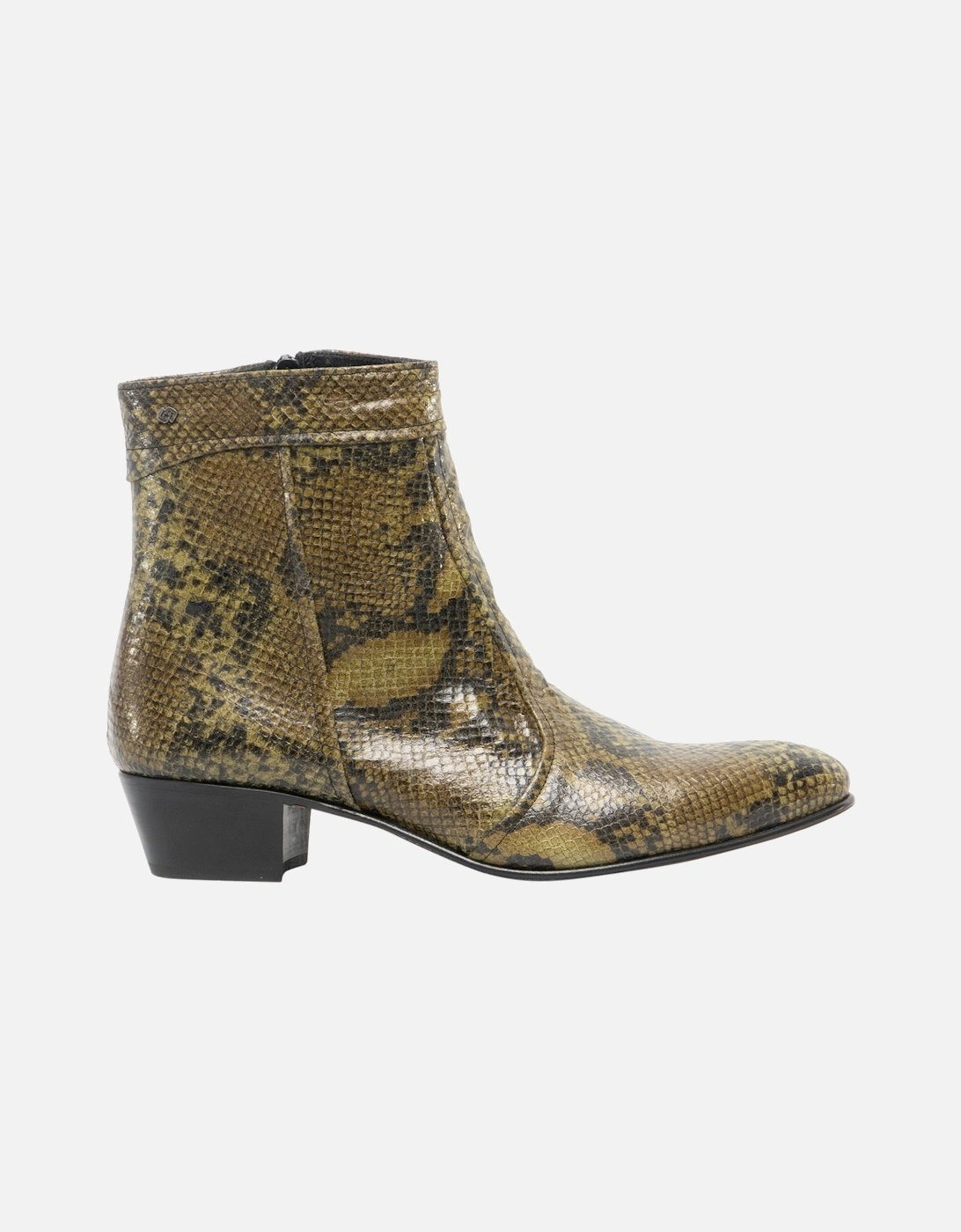 EMMANUEL Mens Snakeprint Leather Cuban Heel Boots Musgo