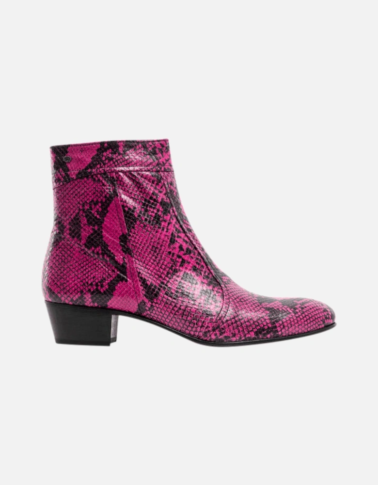 EMMANUEL Mens Snakeprint Leather Cuban Heel Boots Neon Magenta