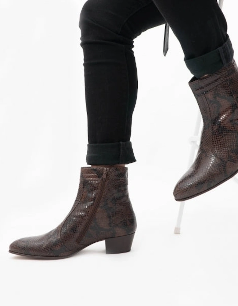 EMMANUEL Mens Snakeprint Leather Cuban Heel Boots Vison