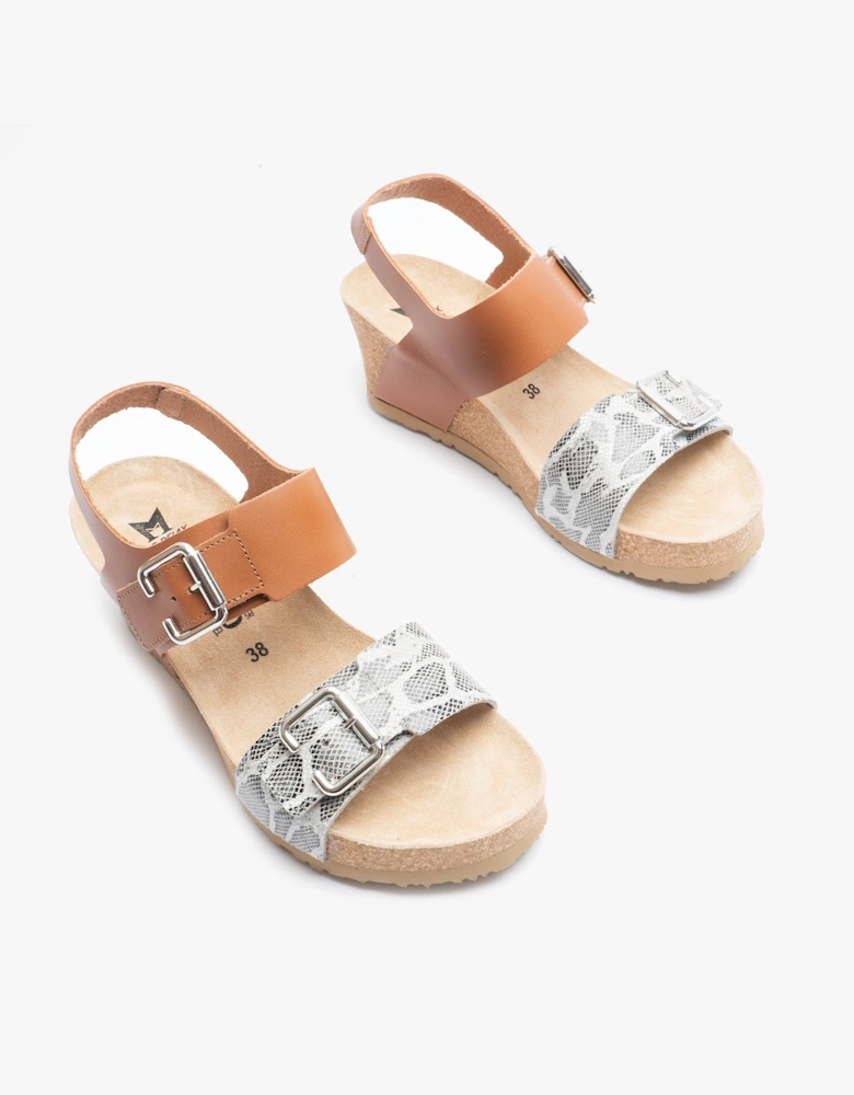 LISSANDRA Womens Leather Wedge Sandals Camel/Python