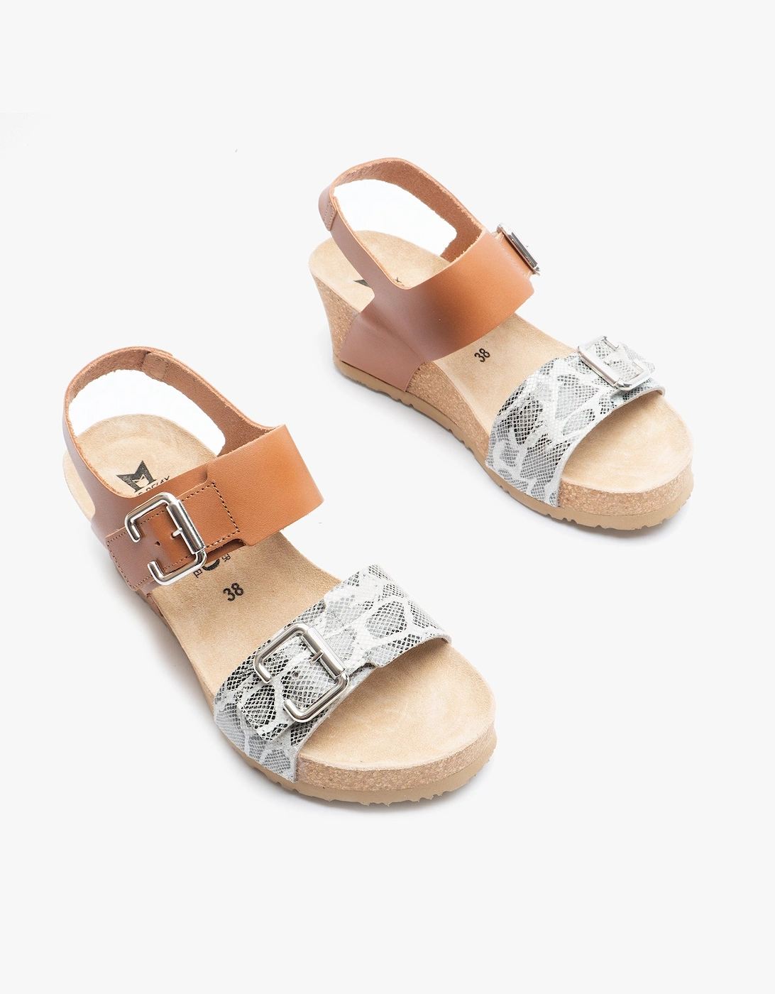 LISSANDRA Womens Leather Wedge Sandals Camel/Python