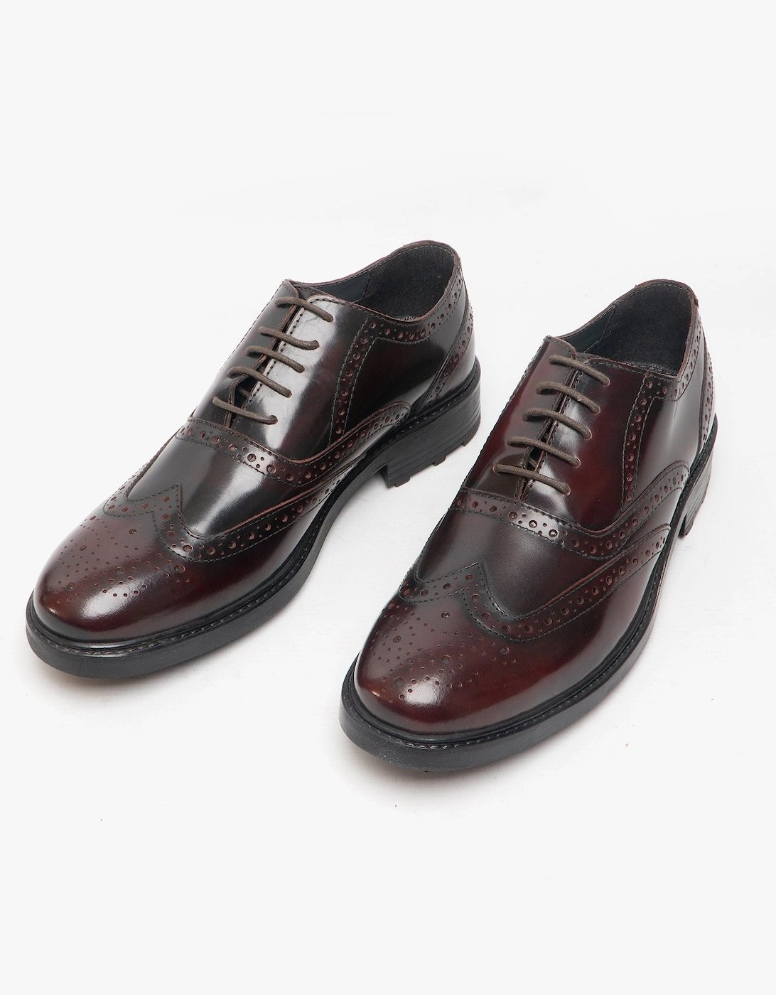 SILAS Mens Leather Brogue Lace Up Oxford Shoes Oxblood Hi-Shine