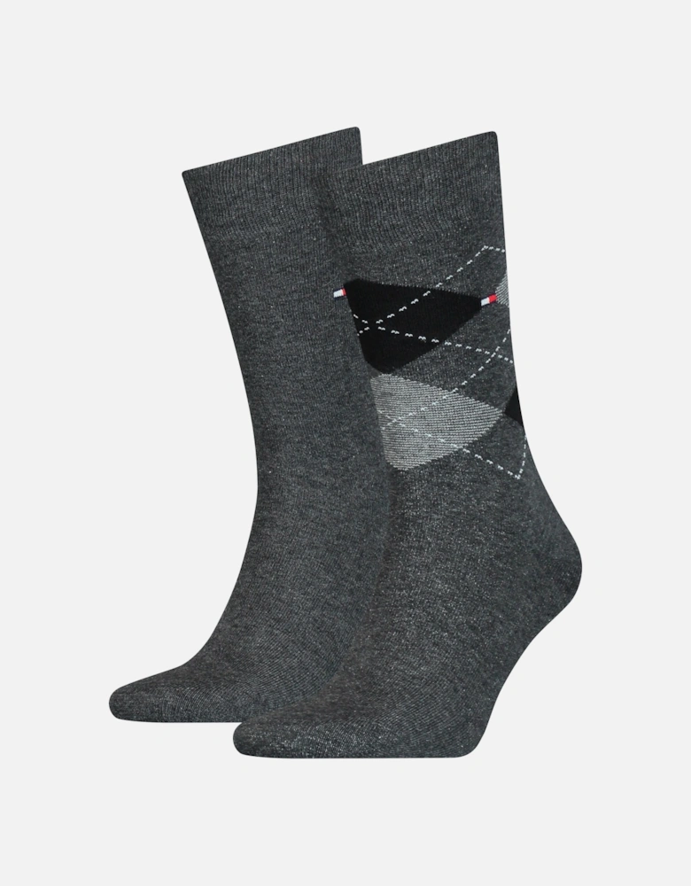 2 Pack Mens Checked Crew Socks Grey