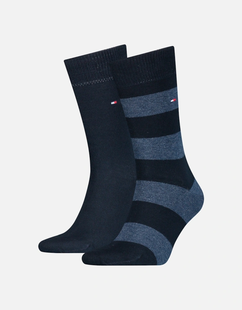 2 Pack Mens Crew Stripe Socks Dark Blue