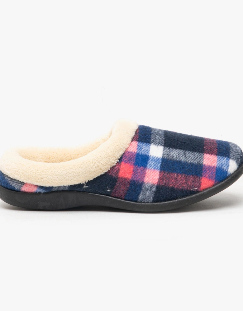 SOPHIE Womens Teddy Lined Checked Mules Navy