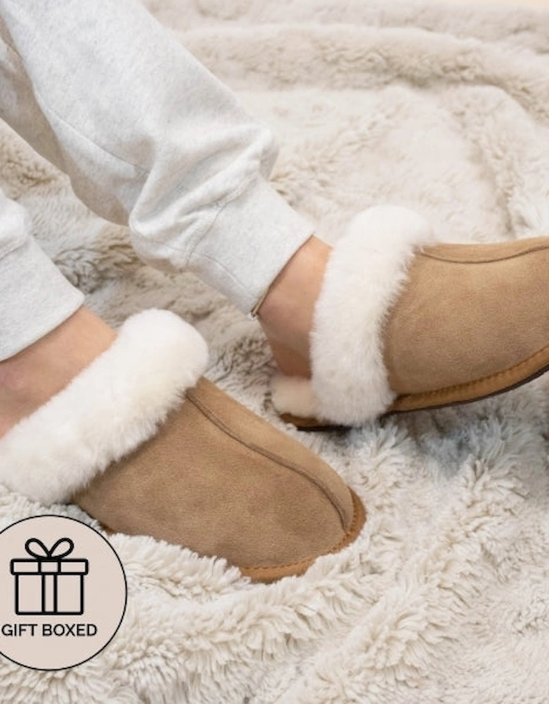 AYLA Womens Real Sheepskin Mule Slippers Chestnut