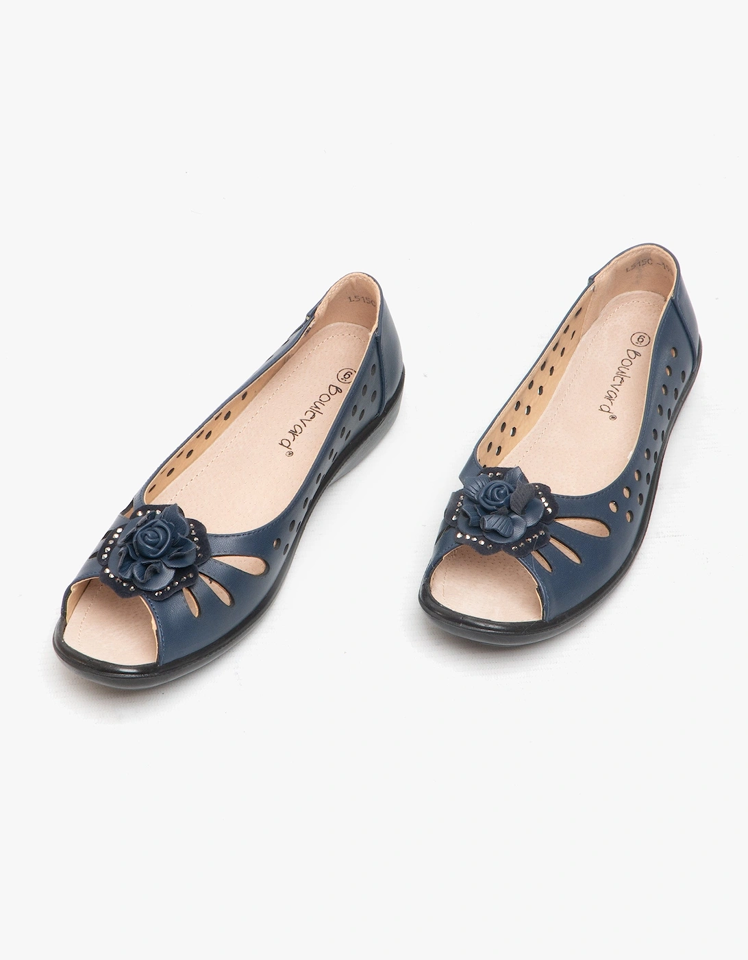 DAYNA Womens Faux Leather Flower Peep Toe Flats Navy