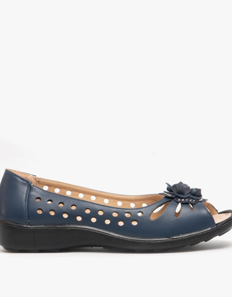 DAYNA Womens Faux Leather Flower Peep Toe Flats Navy