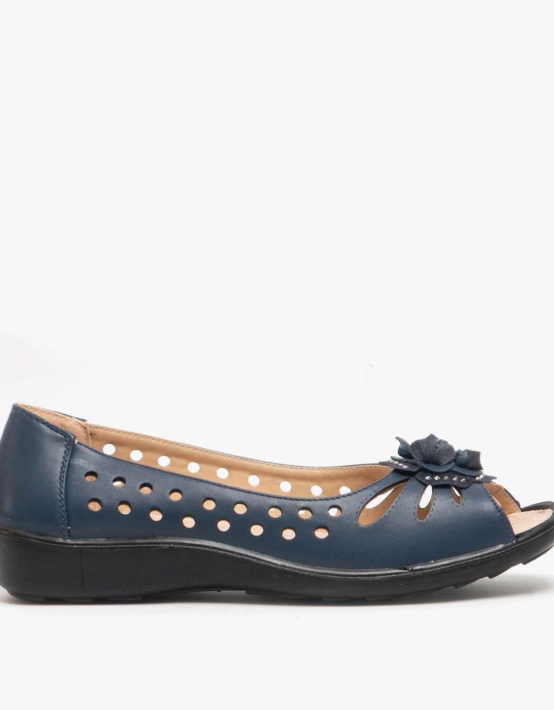 DAYNA Womens Faux Leather Flower Peep Toe Flats Navy, 4 of 3