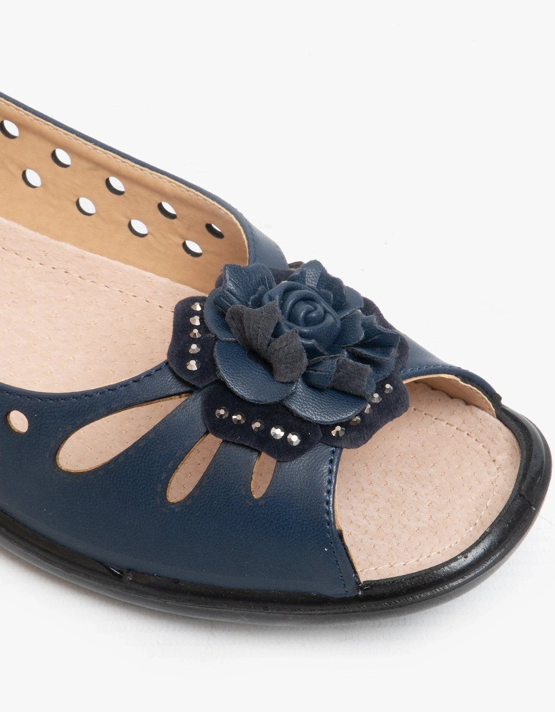 DAYNA Womens Faux Leather Flower Peep Toe Flats Navy