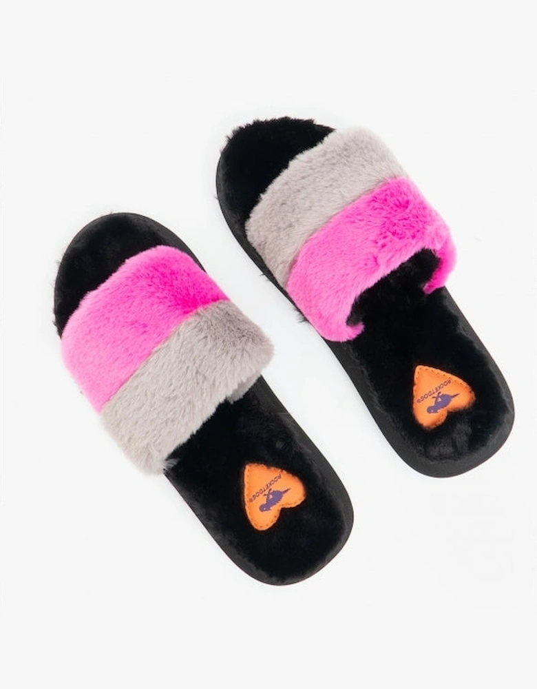 STRATUS WINETTE Womens Faux Fur Slide Sandals Grey/Pink/Black