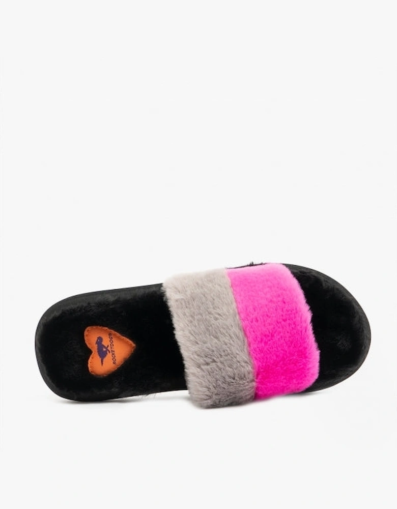 STRATUS WINETTE Womens Faux Fur Slide Sandals Grey/Pink/Black