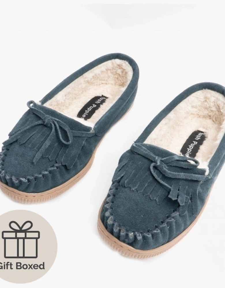 ADDY Womens Suede Moccasin Slippers Navy