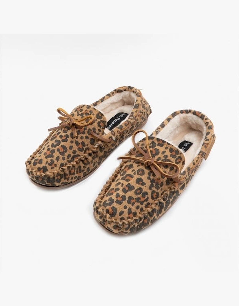 ALLIE Womens Suede Moccasin Slippers Leopard