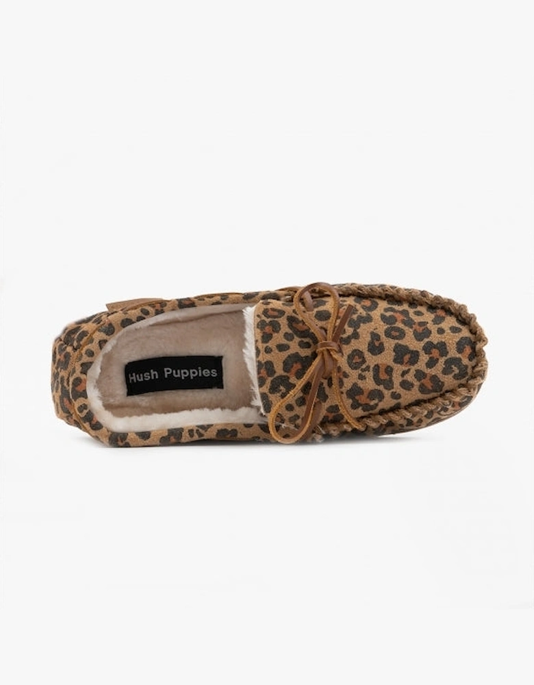 ALLIE Womens Suede Moccasin Slippers Leopard