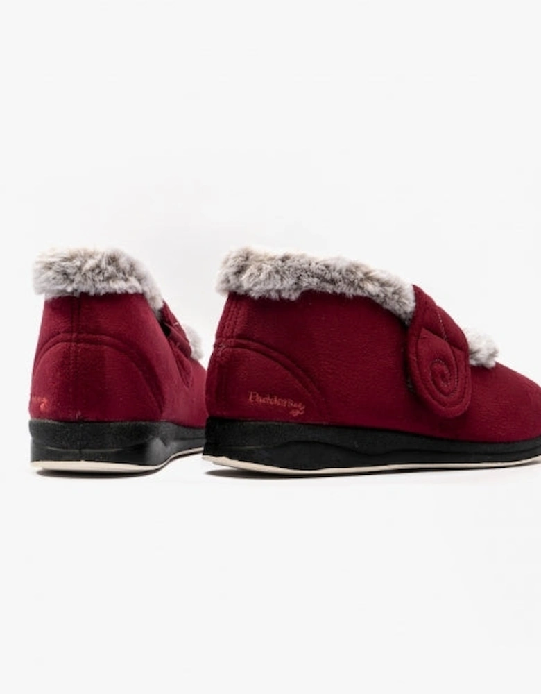 HUSH Womens (EE Fit) Touch Fasten Boot Slippers Burgundy Combi