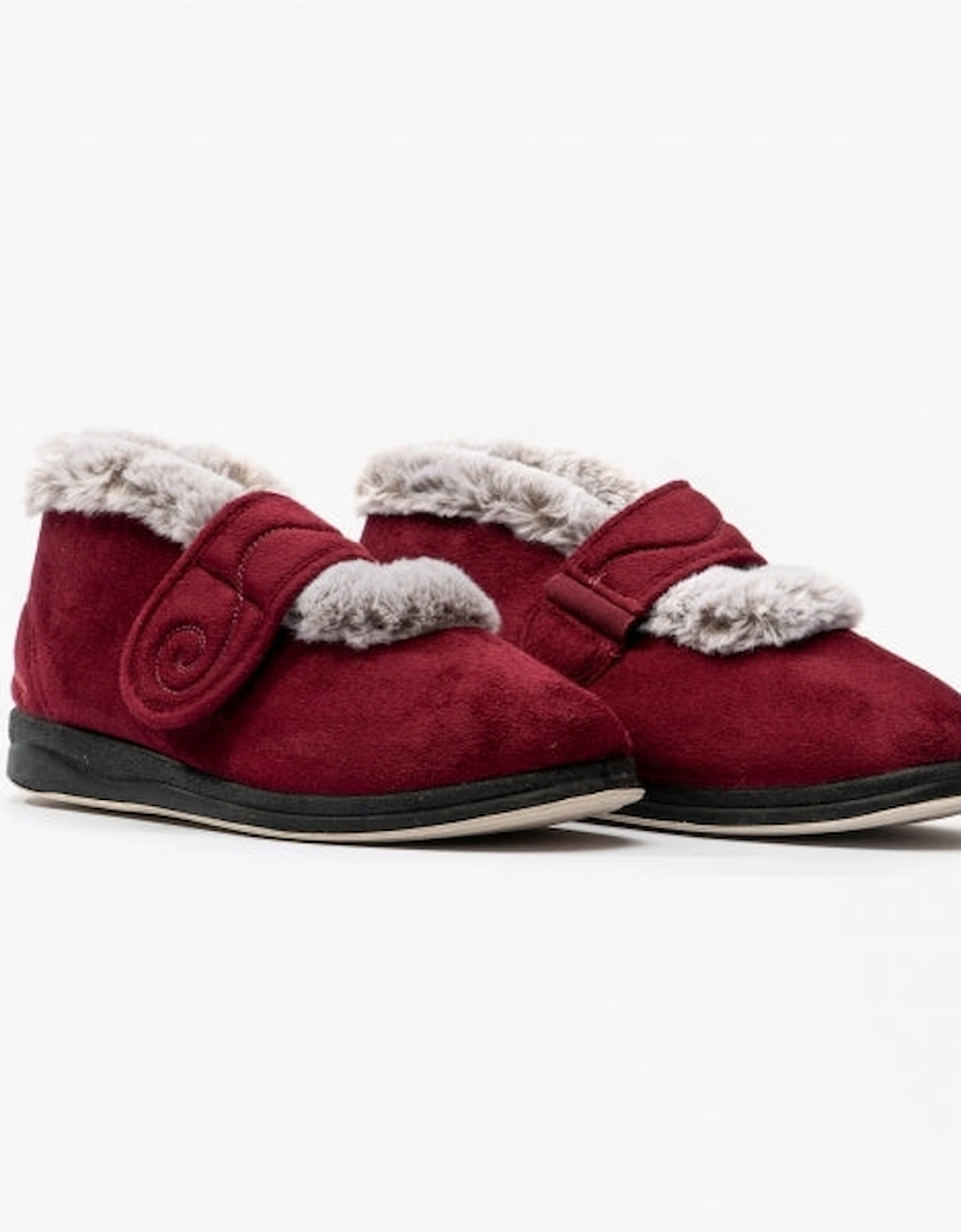 HUSH Womens (EE Fit) Touch Fasten Boot Slippers Burgundy Combi