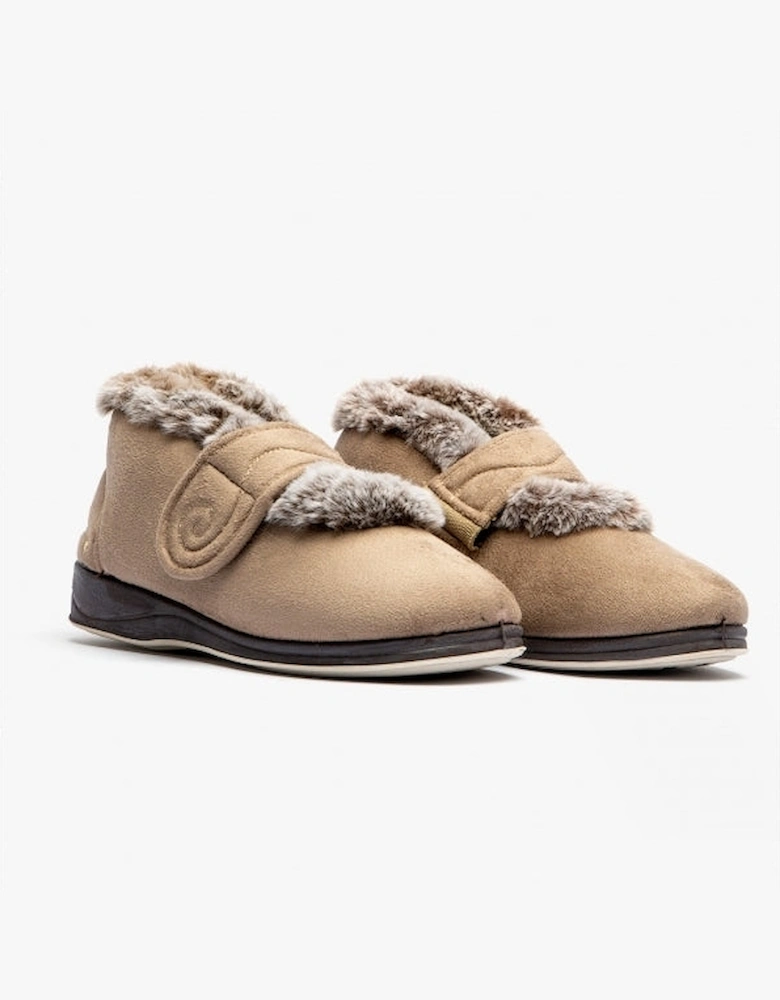 HUSH Womens (EE Fit) Touch Fasten Boot Slippers Taupe Combi