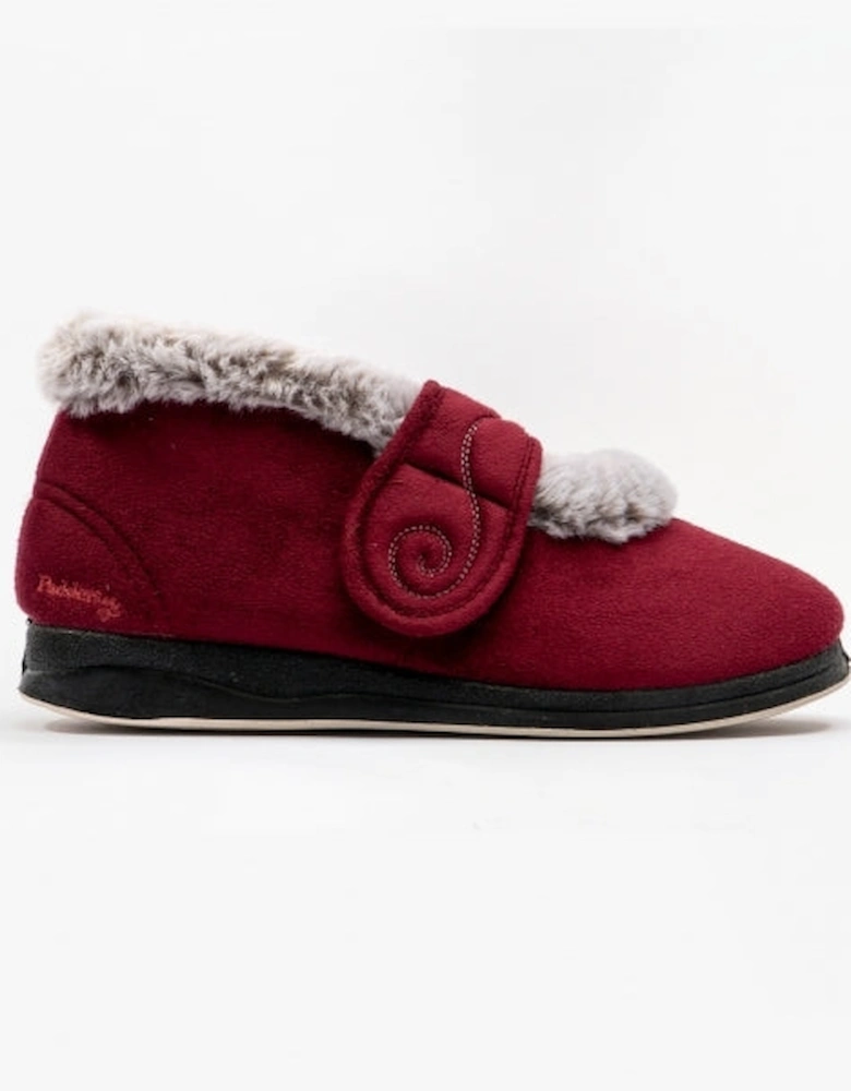 HUSH Womens (EE Fit) Touch Fasten Boot Slippers Burgundy Combi