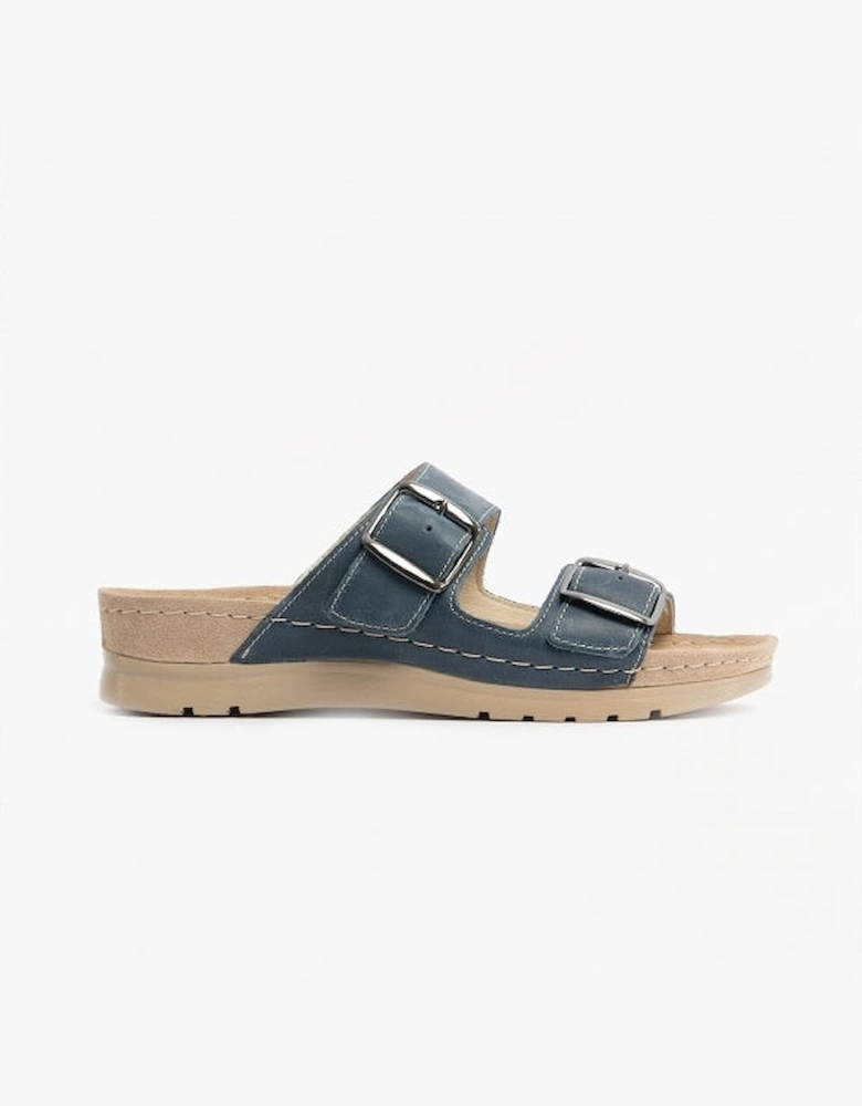 6150 Womens Leather Mule Sandals Blue Jeans