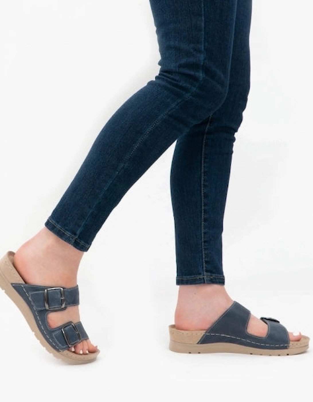 6150 Womens Leather Mule Sandals Blue Jeans