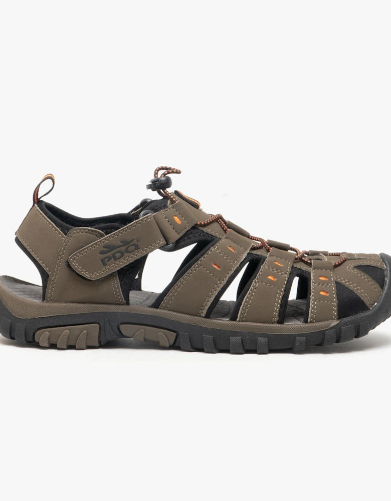 KEN Mens Nubuck Toggle & Velcro Trail Sandals Dark Taupe/Orange