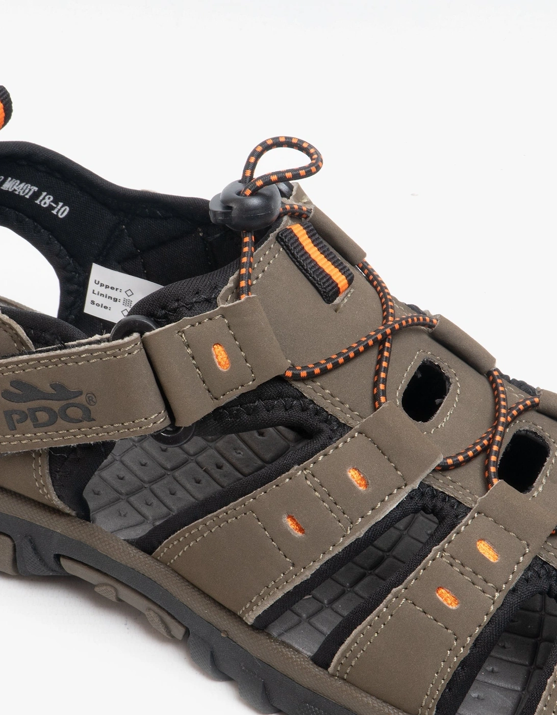 KEN Mens Nubuck Toggle & Velcro Trail Sandals Dark Taupe/Orange