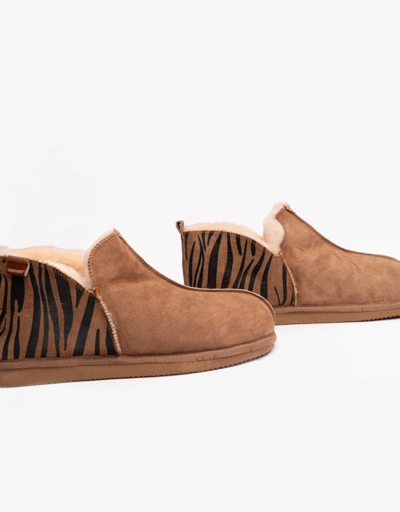ANNIE Womens Sheepskin Slipper Boots Chestnut/Tiger