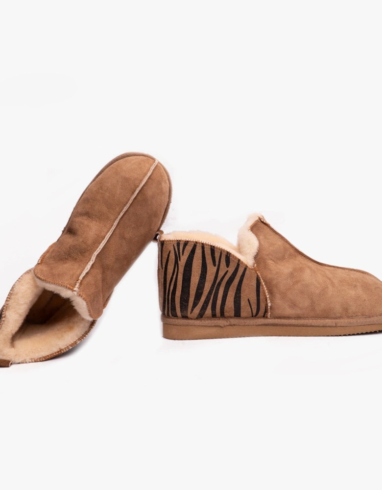 ANNIE Womens Sheepskin Slipper Boots Chestnut/Tiger