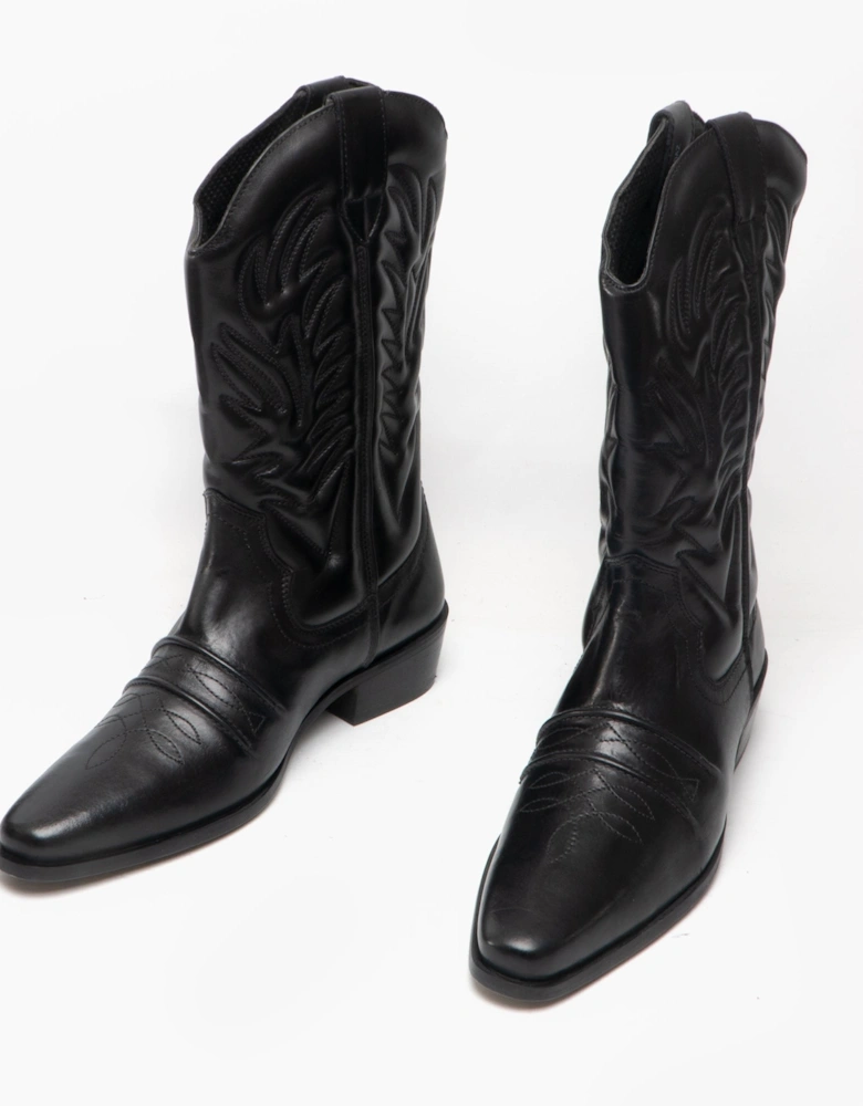 KANSAS Mens Calf Length Leather Cowboy Boots Black