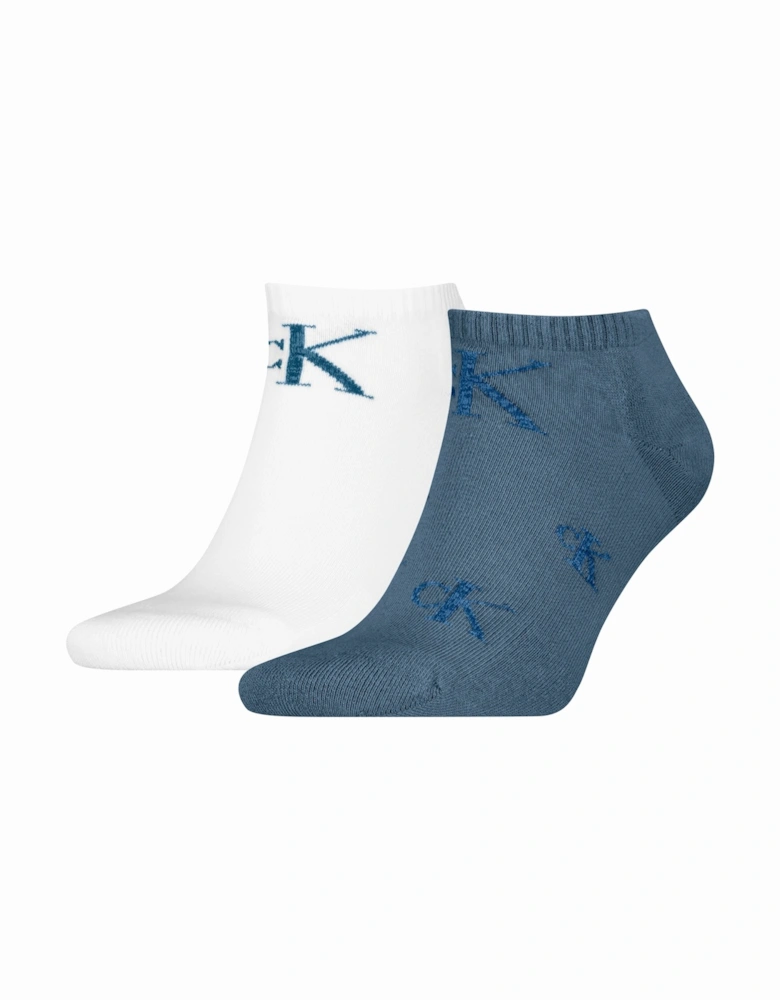 2 Pack Logo Trainer Mens Ankle Socks Blue/White