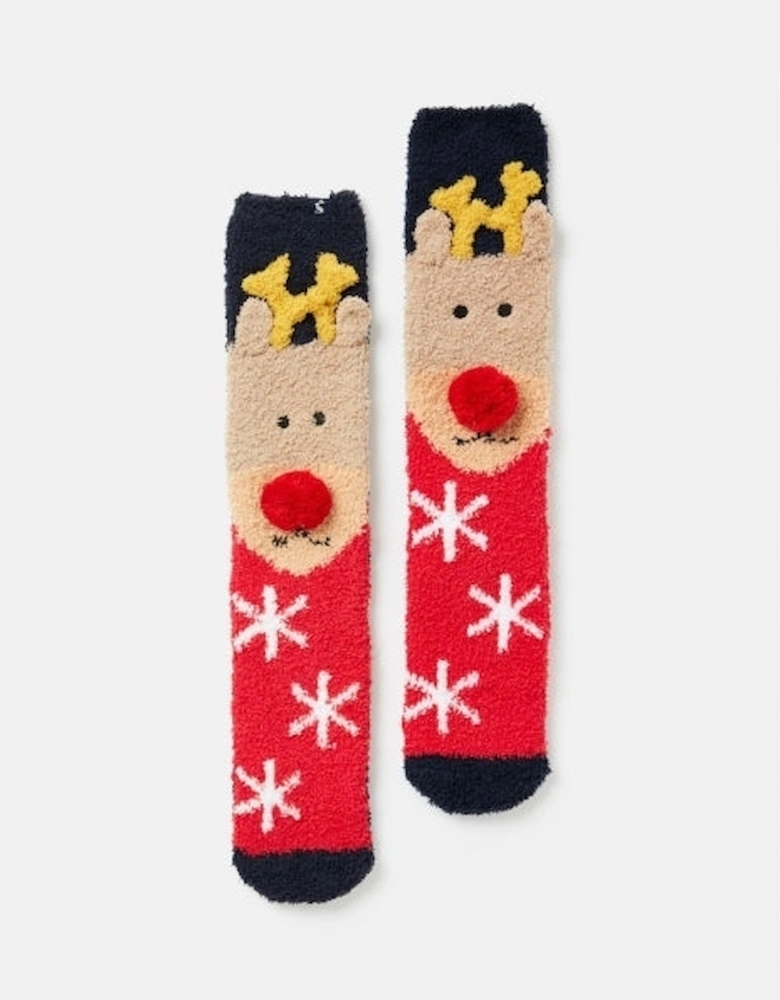 FESTIVE FLUFFY Womens Polyester Socks Navy Reindeer: UK 4-8