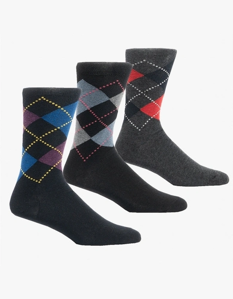 Mens 3 Pack Of Argyle Socks Black/Multicolour: One Size