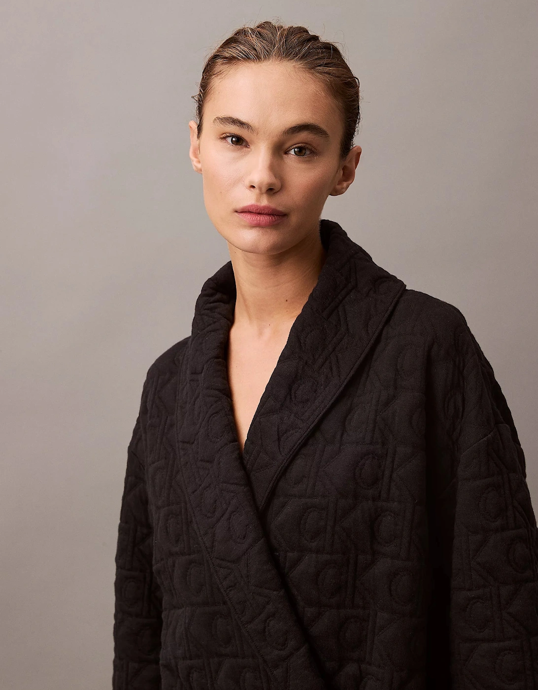 MODERN TERRY QUILTED Womens Bathrobe Black