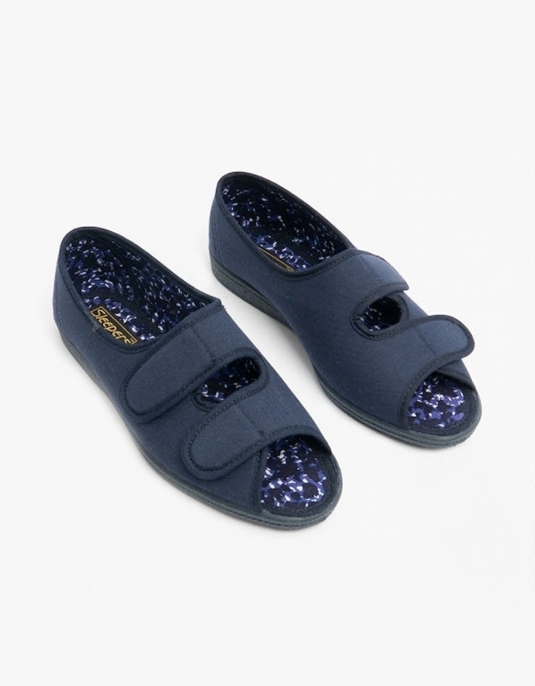 TINA Womens Wide Fit EE Twin Velcro Peep Toe Slippers Navy