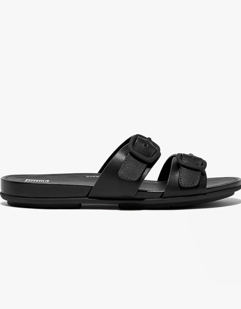 GRACIE Womens Rubber-Buckle Leather Two-Bar Sliders All Black