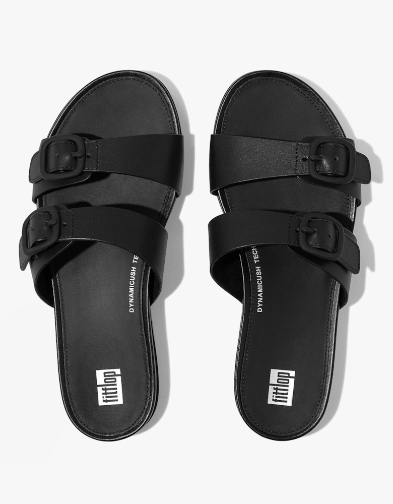 GRACIE Womens Rubber-Buckle Leather Two-Bar Sliders All Black