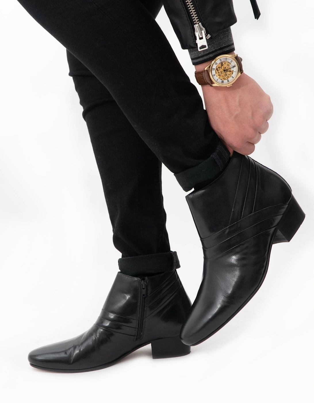 MARIO Mens Leather Cuban Heel Boots Black