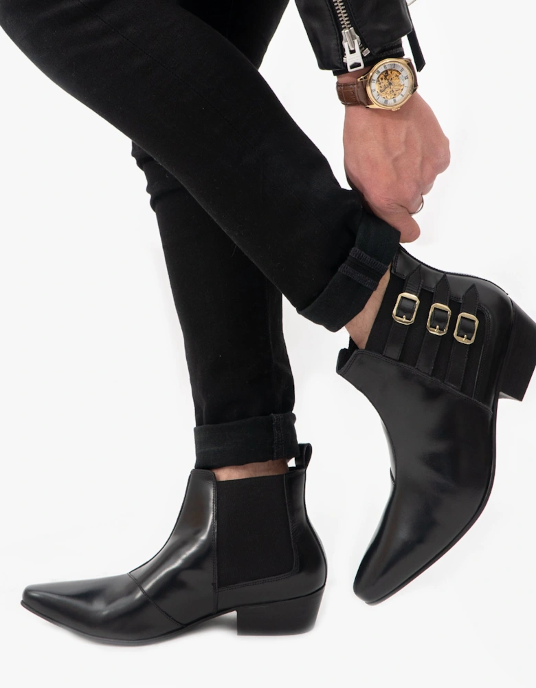 LORENZO Mens Leather Cuban Heel Boots Black