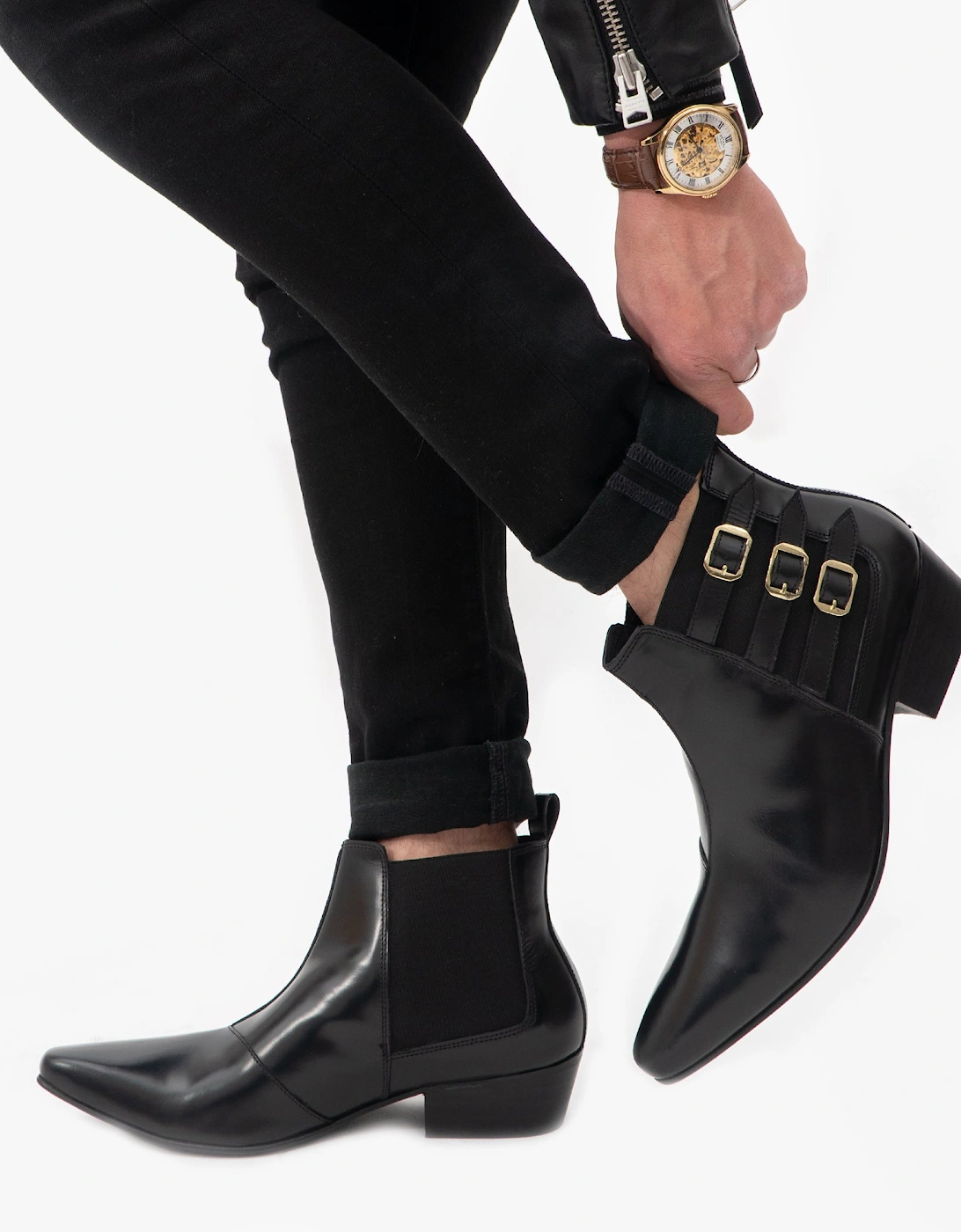 LORENZO Mens Leather Cuban Heel Boots Black